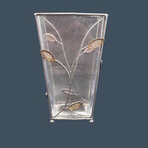 Vase 2 piece Gray Metal Frame Blown Glass Insert Gold Clear Leaves 10 1/2'' Vtg